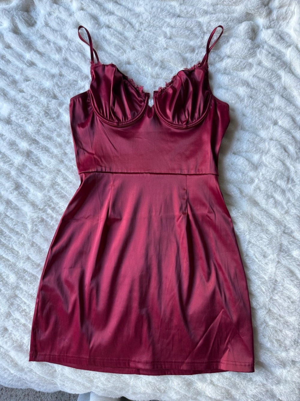 Guess Burgundy Satin Slip Dress with Lace Trim